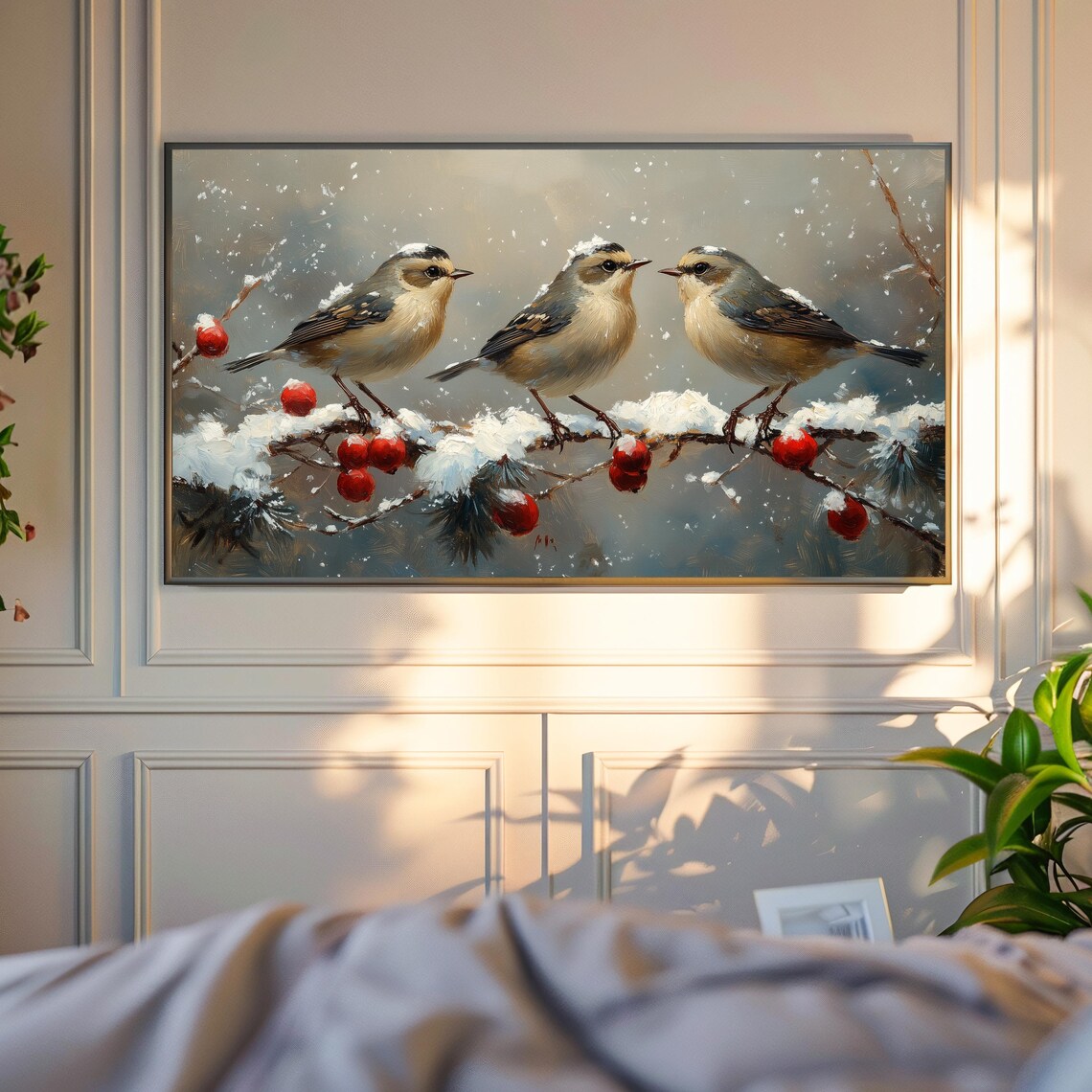 Goldcrest Trio Snowy Branch Red Berries Winter Birds Falling Snow Poster - Image 4