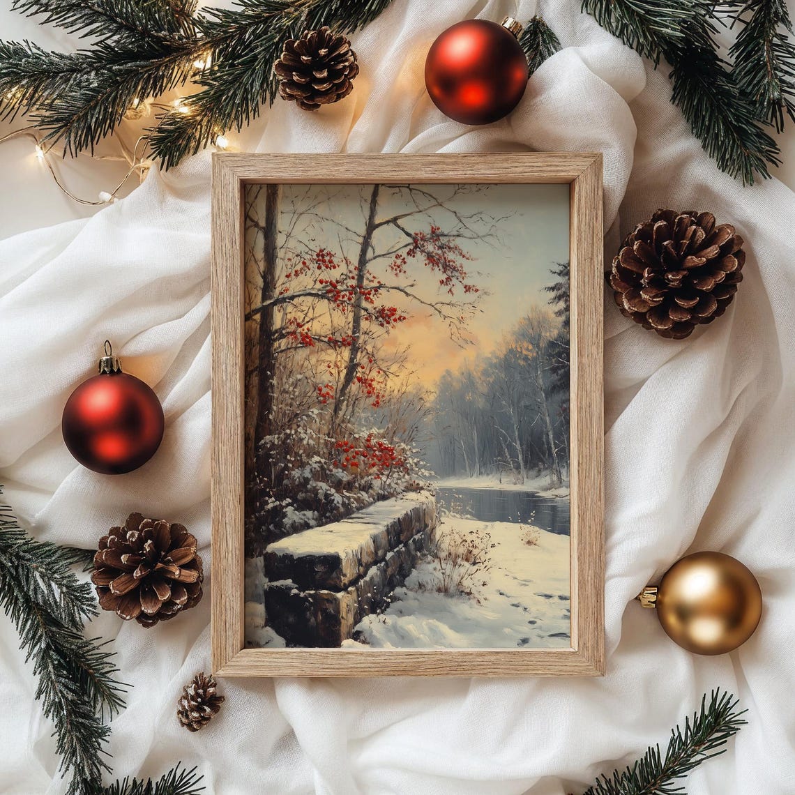 Snow-Covered Stone Bridge Over a Frozen River at Winter Sunrise Poster - Image 4
