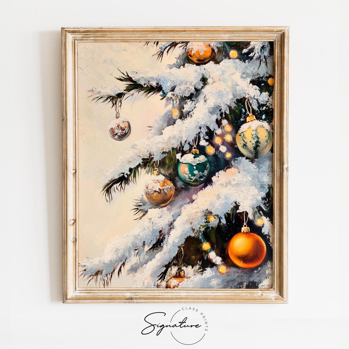 Snow Laden Christmas Tree Branches with Vintage Ornaments Poster