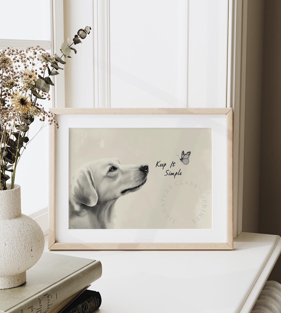 Keep It Simple White Dog Portrait With Butterfly Minimal Wall Art - Image 6