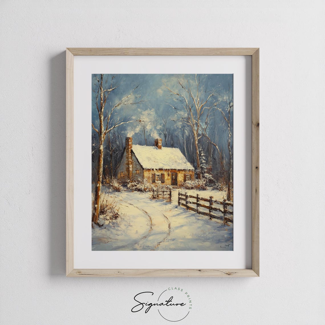 Snowy Cottage With Glowing Windows in a Winter Forest at Dusk Poster - Image 2