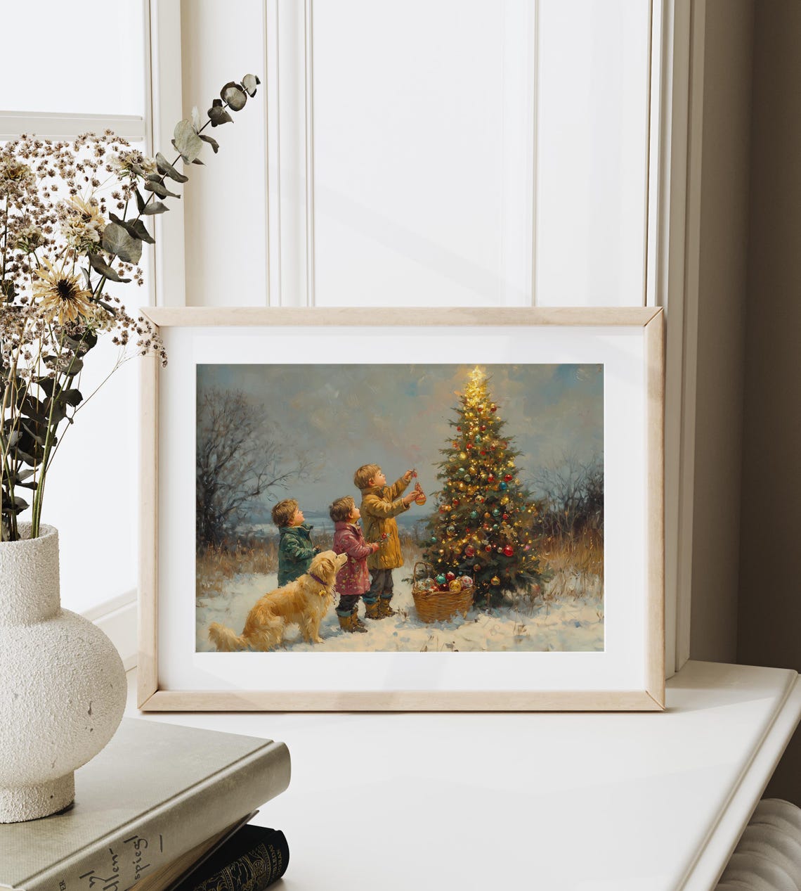 Children and a Dog Decorating a Christmas Tree in the Snow Poster - Image 6