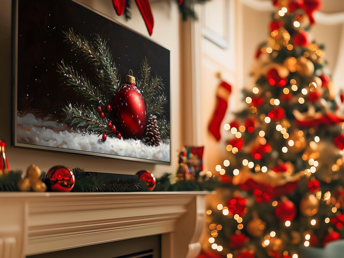 Red Christmas Ornament With Snow Among Pine Branches Holiday Poster - Image 5