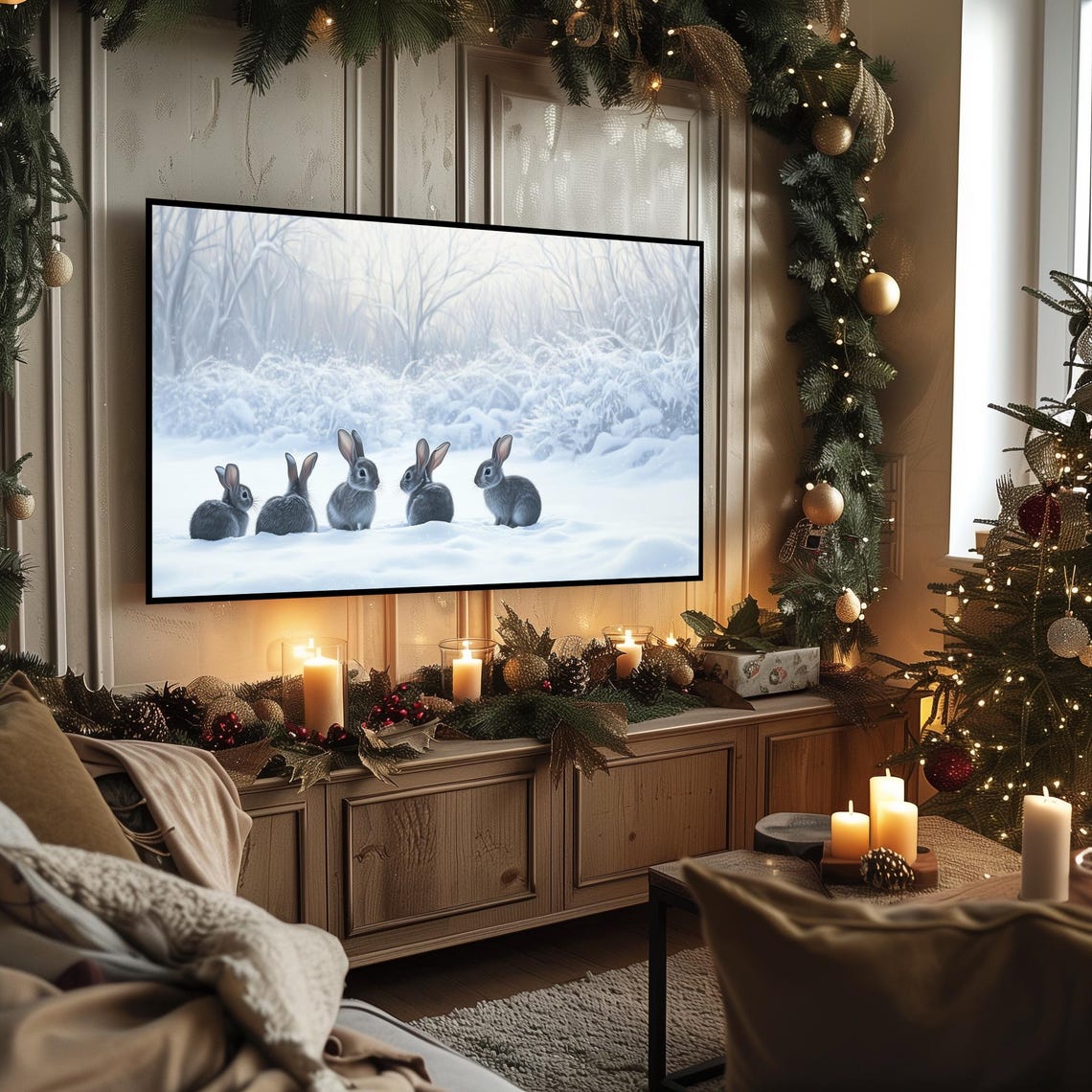 Five Grey Rabbits in Snowy Clearing Winter Wildlife Scene Poster - Image 3