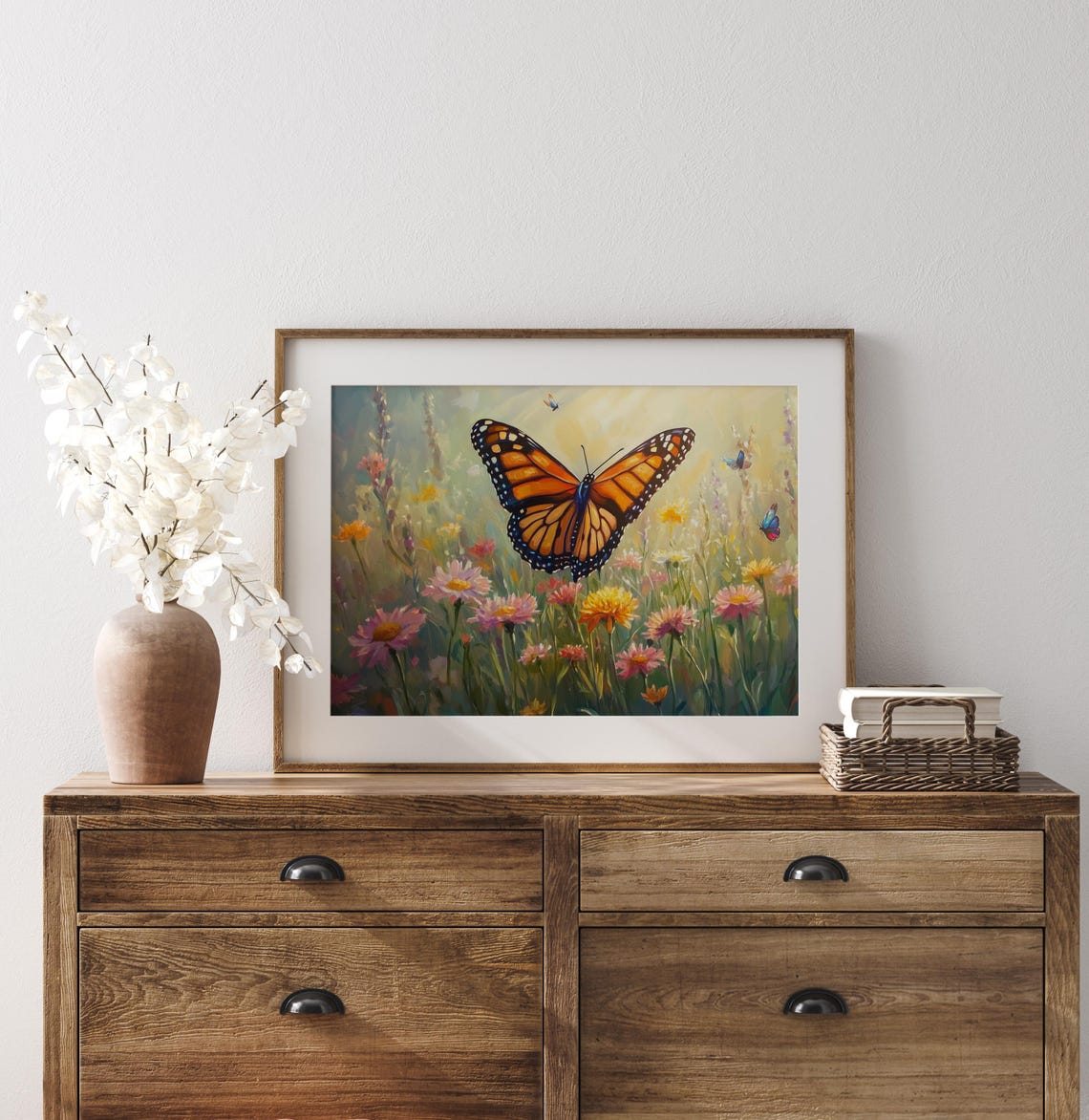 Monarch Butterfly Over Sunlit Wildflower Meadow Summer Wall Art - Image 2