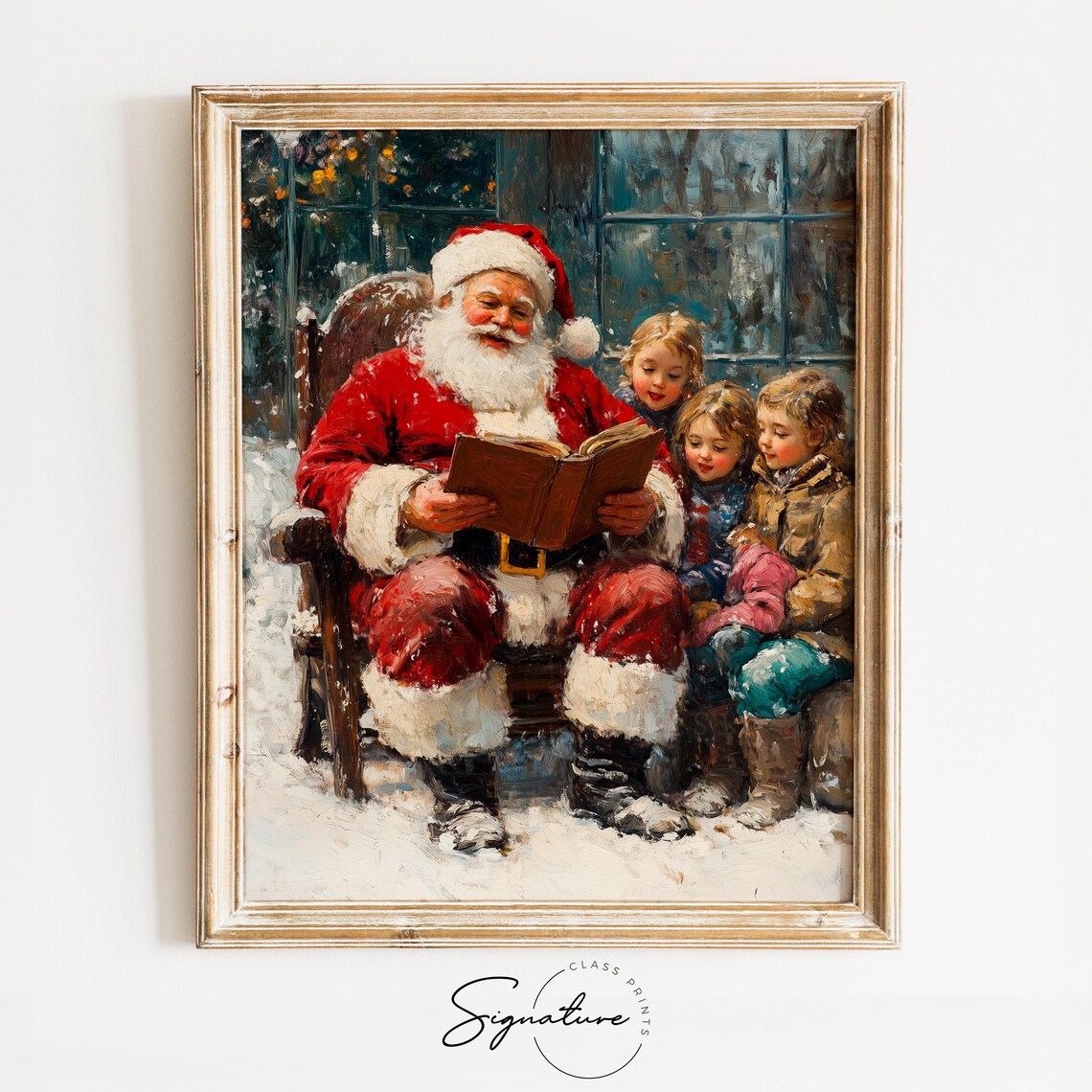Santa Claus Reading Stories to Children Snowy Christmas Print