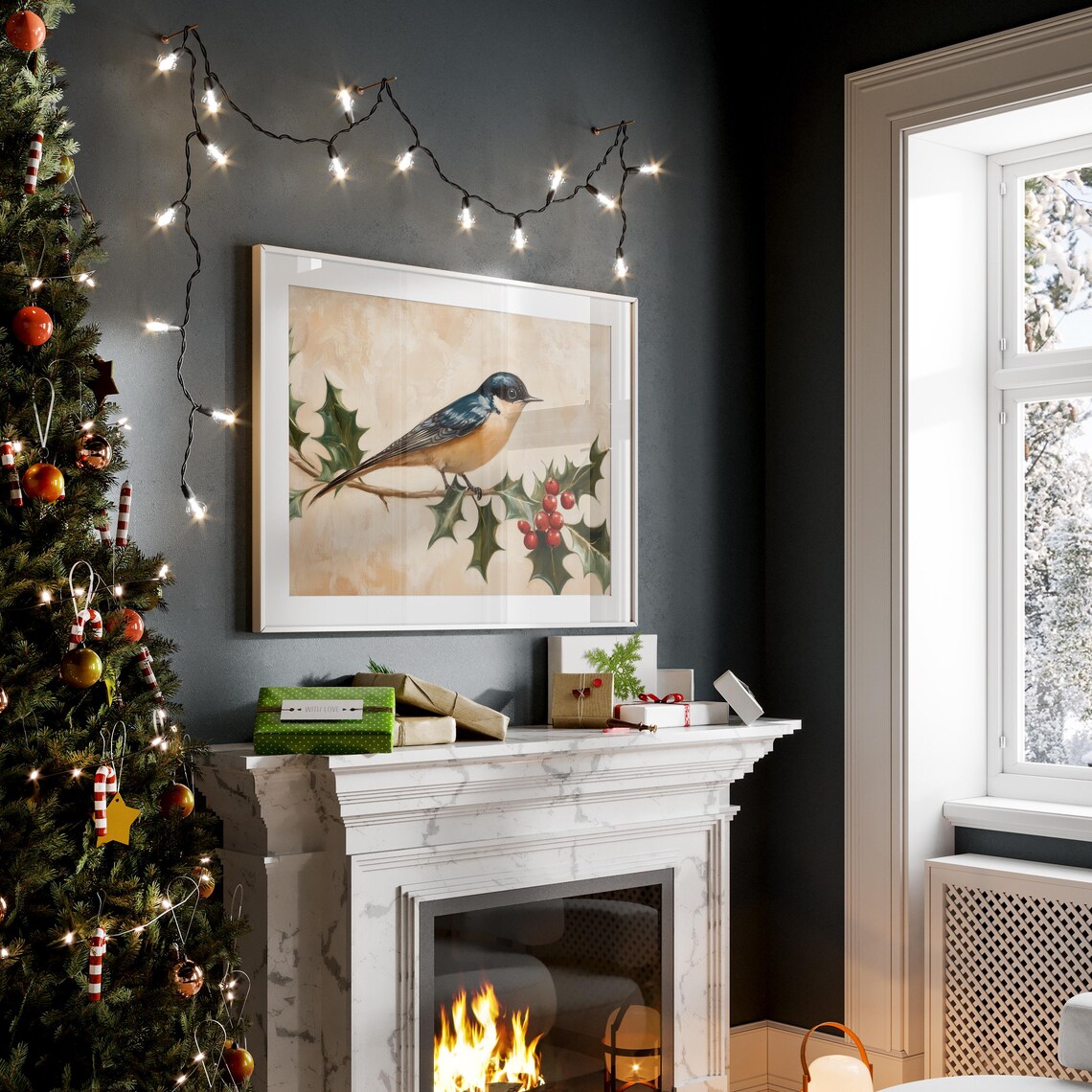 Elegant Barn Swallow With Holly Berries Christmas Bird Art Poster - Image 2