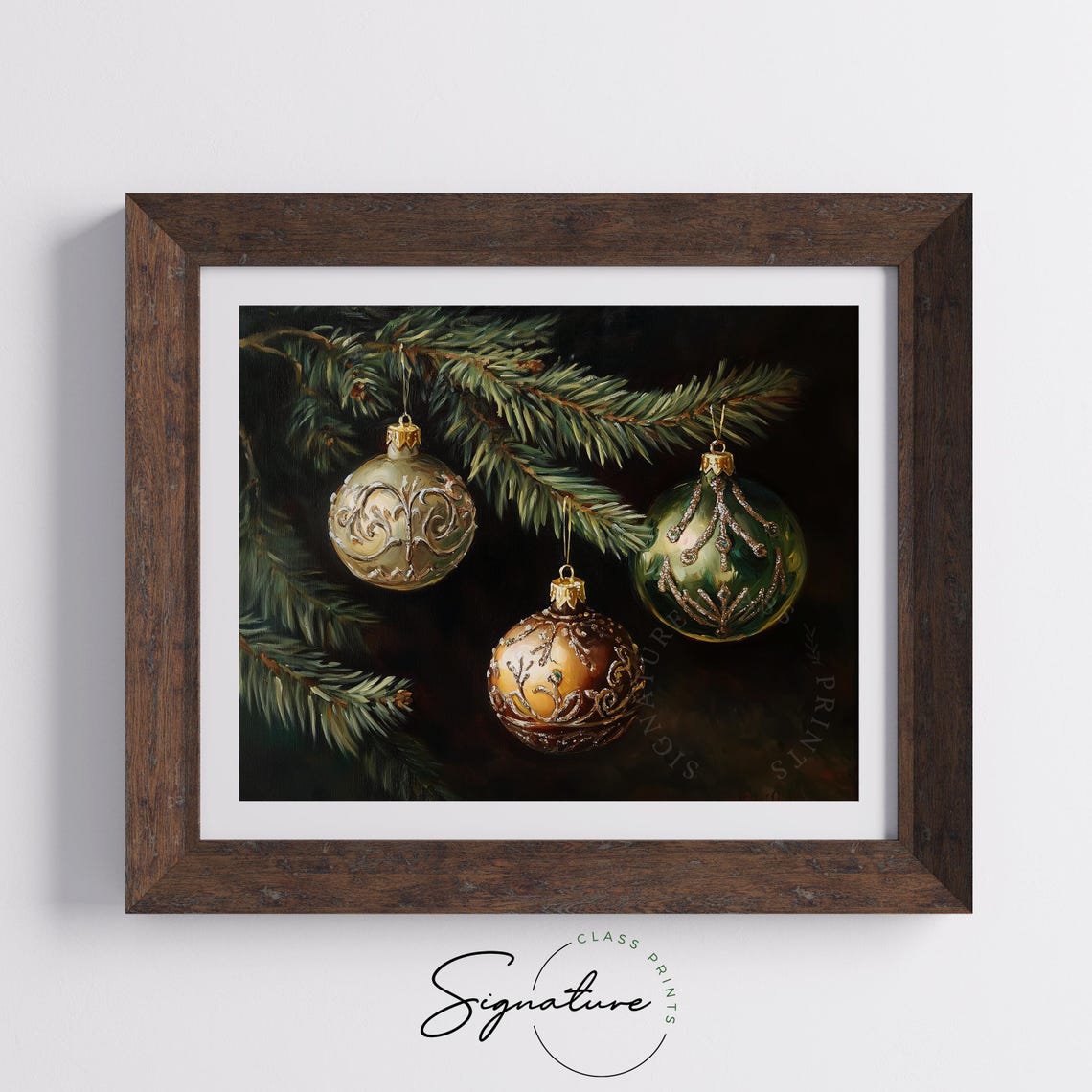Three Gilded Vintage Ornaments Hanging On An Evergreen Branch Poster - Image 5