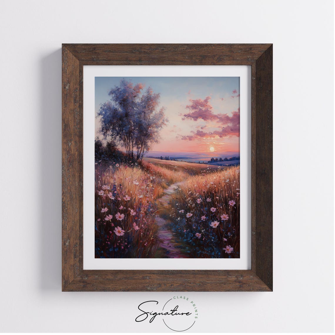 Rolling Meadow Path With Blooming Pink Flowers Romantic Sunset Poster - Image 3