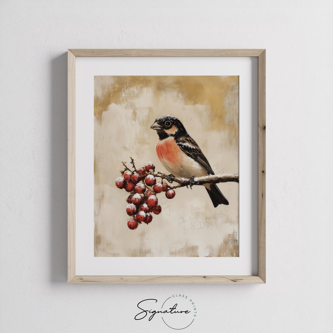 Bullfinch Bird on Frosty Winter Berry Branch Vintage Style Poster - Image 2