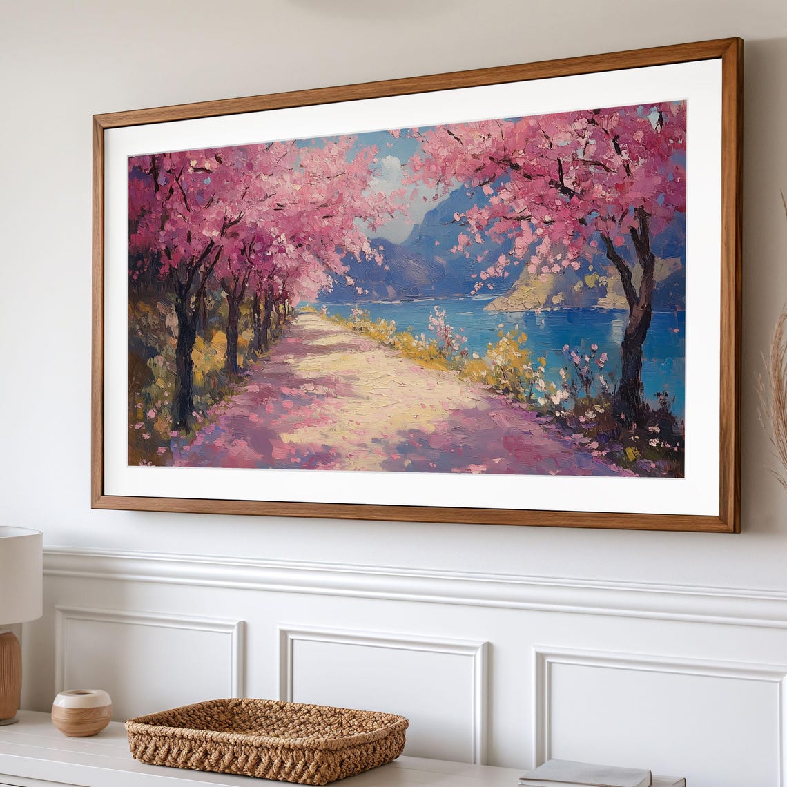 Cherry Blossom Tunnel Path To Blue Lake Impasto Landscape Poster - Image 2