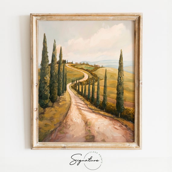 Tuscan Road Tranquility Cypress Tree Lined Pathway Art Rustic Landscape Warm Toned Wall Decor Countryside Home Artwork 273