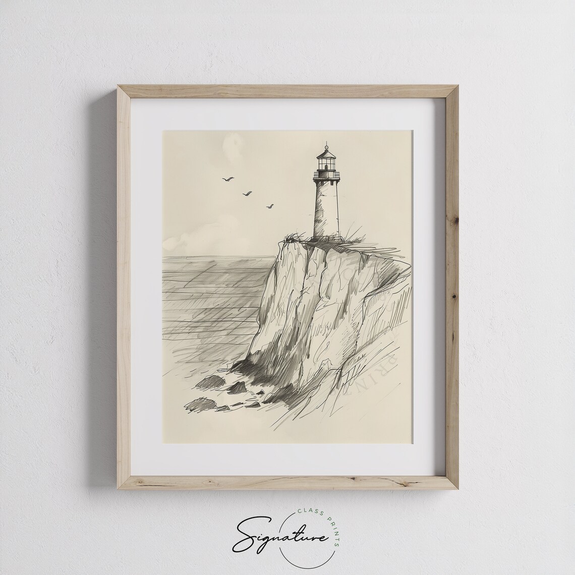 Lonely Lighthouse On Coastal Cliff Pen Sketch Nautical Poster - Image 3