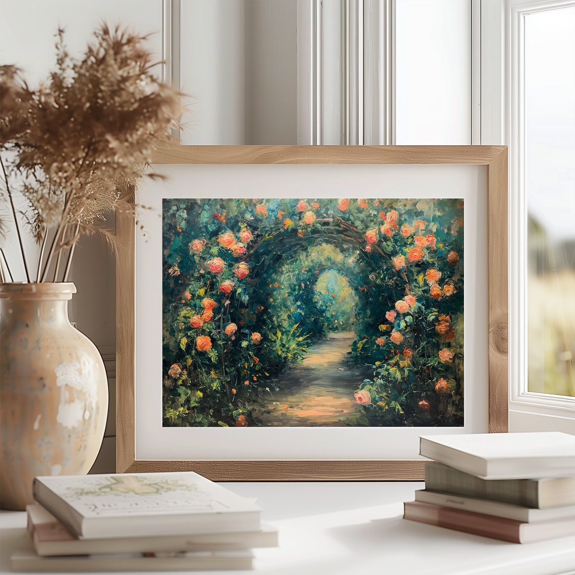 Impressionist Blooming Rose Arch Over Shady Garden Path Floral Poster - Image 2