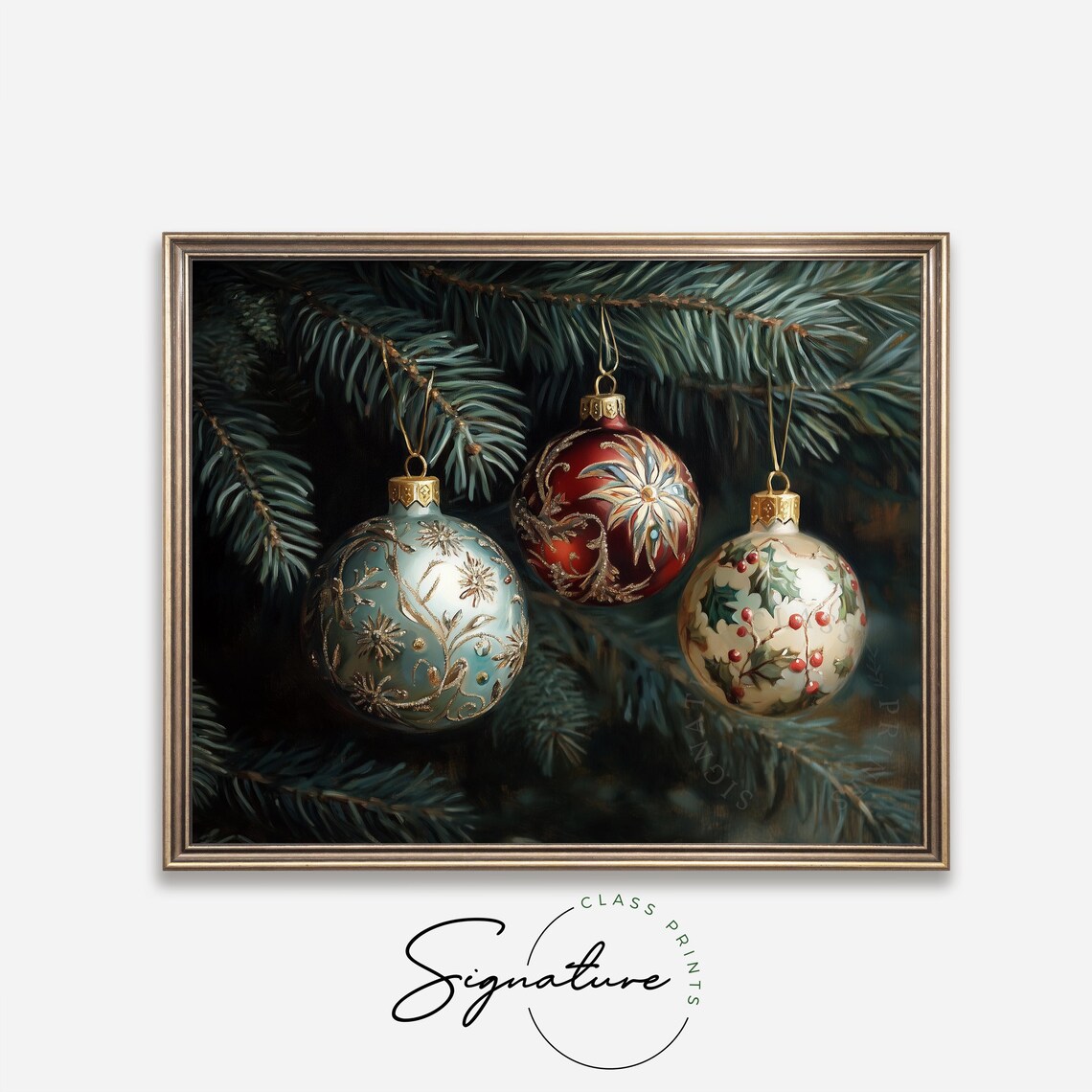 Three Ornate Christmas Ornaments Hanging On Pine Branch Poster - Image 4