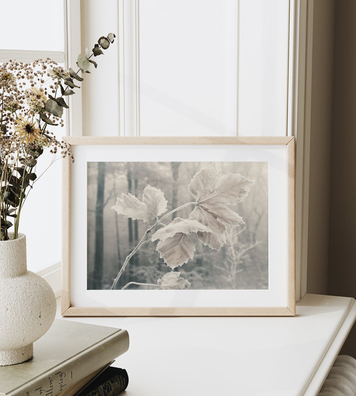 Frosted Leaves Branch in Misty Forest Neutral Winter Art Poster - Image 6