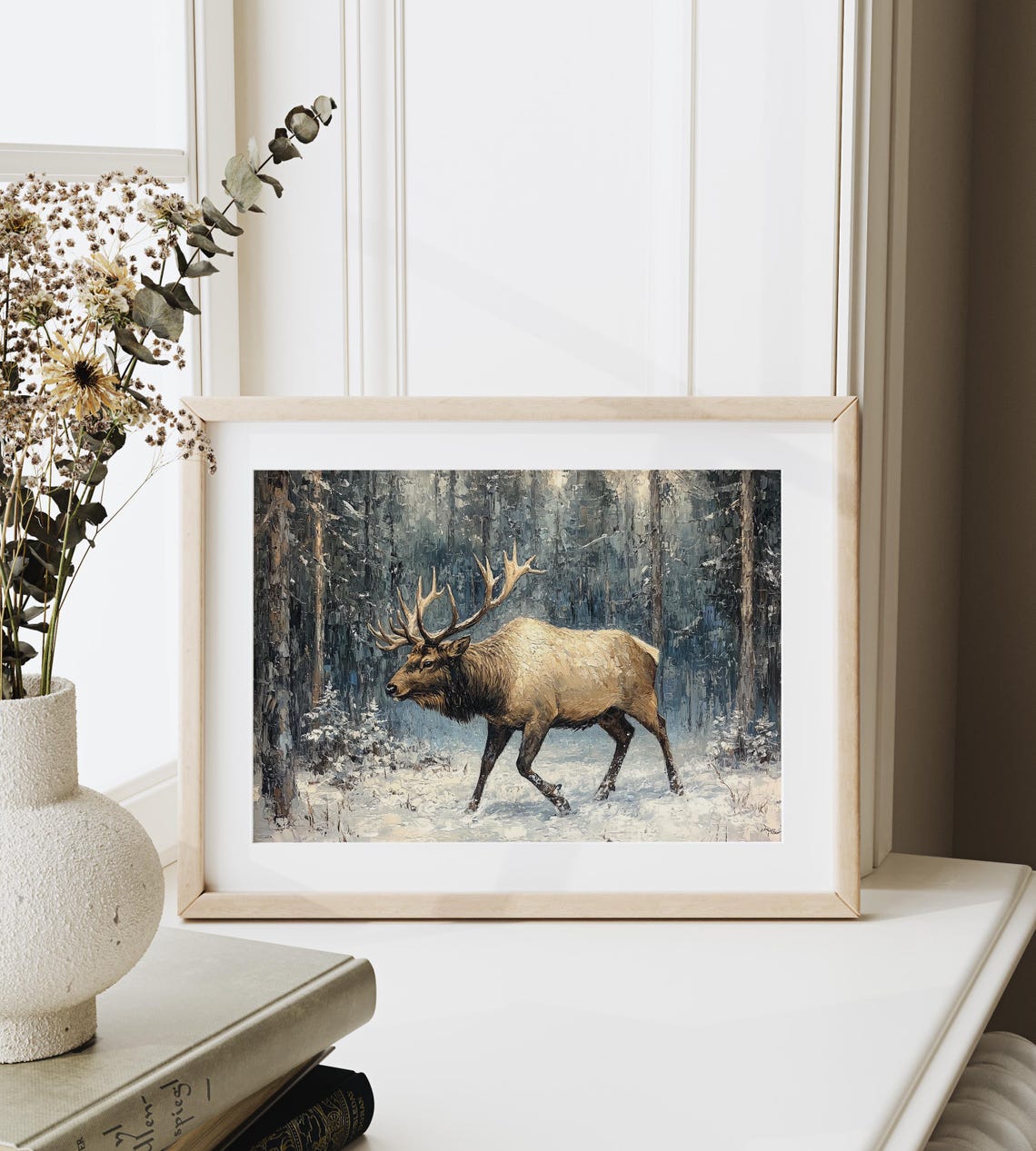 Bull Elk Walking Through Snowy Forest Winter Wildlife Oil Style Poster - Image 6