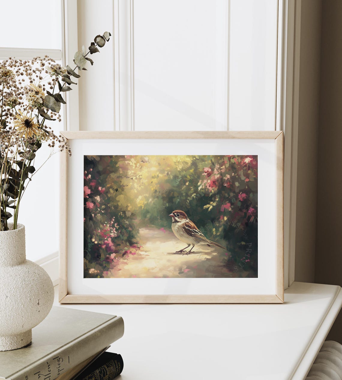 Sparrow On Sunlit Garden Path Among Pink Spring Blossoms Poster - Image 4