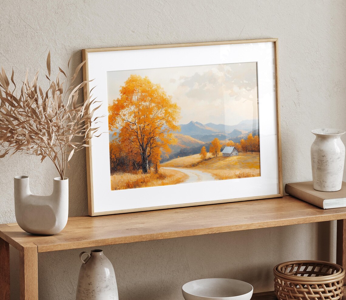 Golden Tree Country Road White Barn Oil Painting Autumn Poster - Image 4
