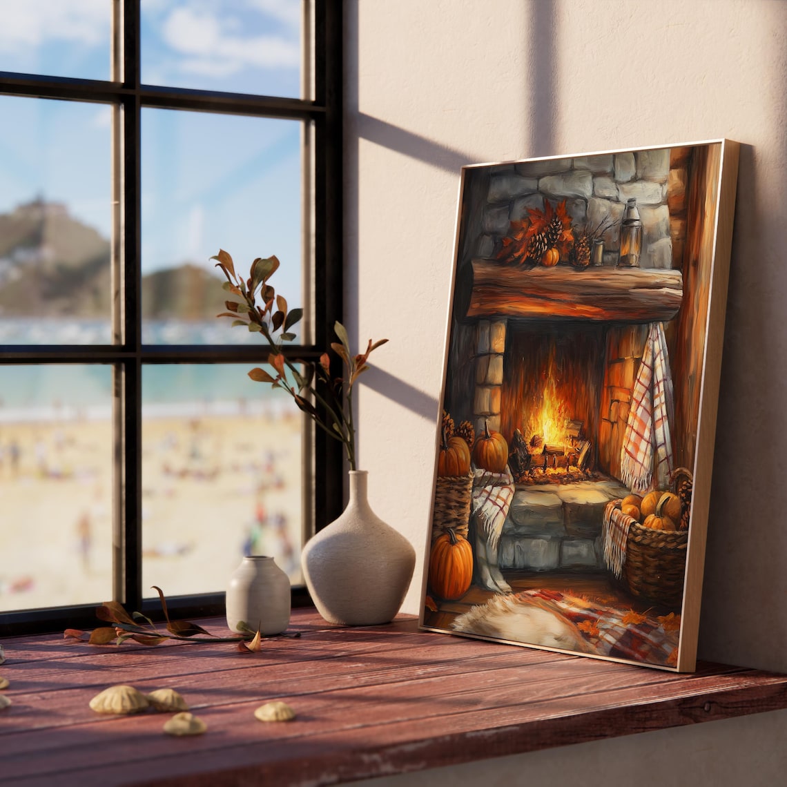 Rustic Stone Fireplace with Pumpkins Baskets and Cozy Fall Decor Poster - Image 5
