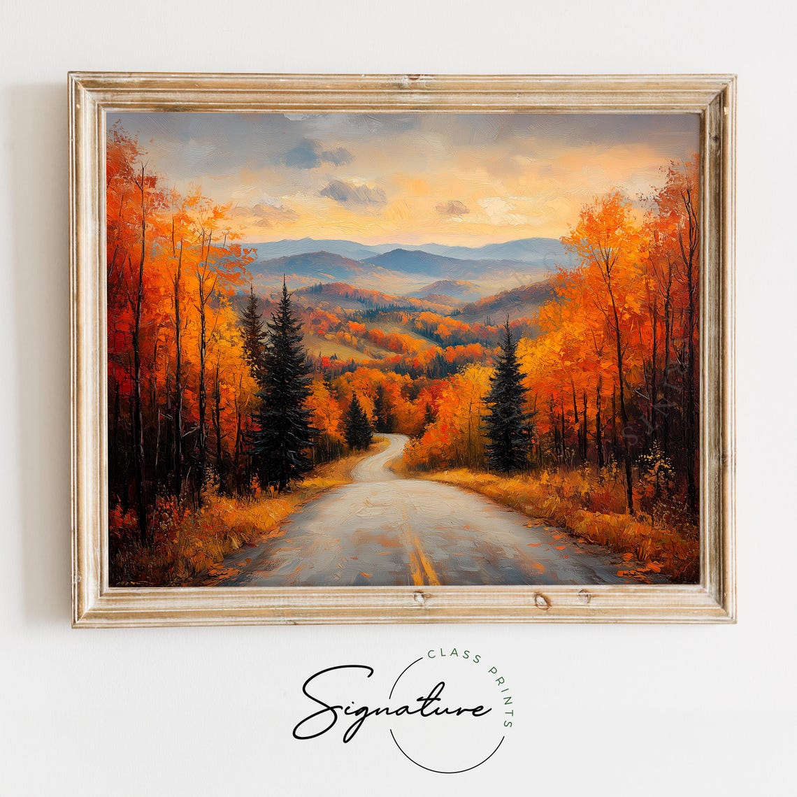Autumn Country Road Forest Sunset Mountains Evening Glow Poster