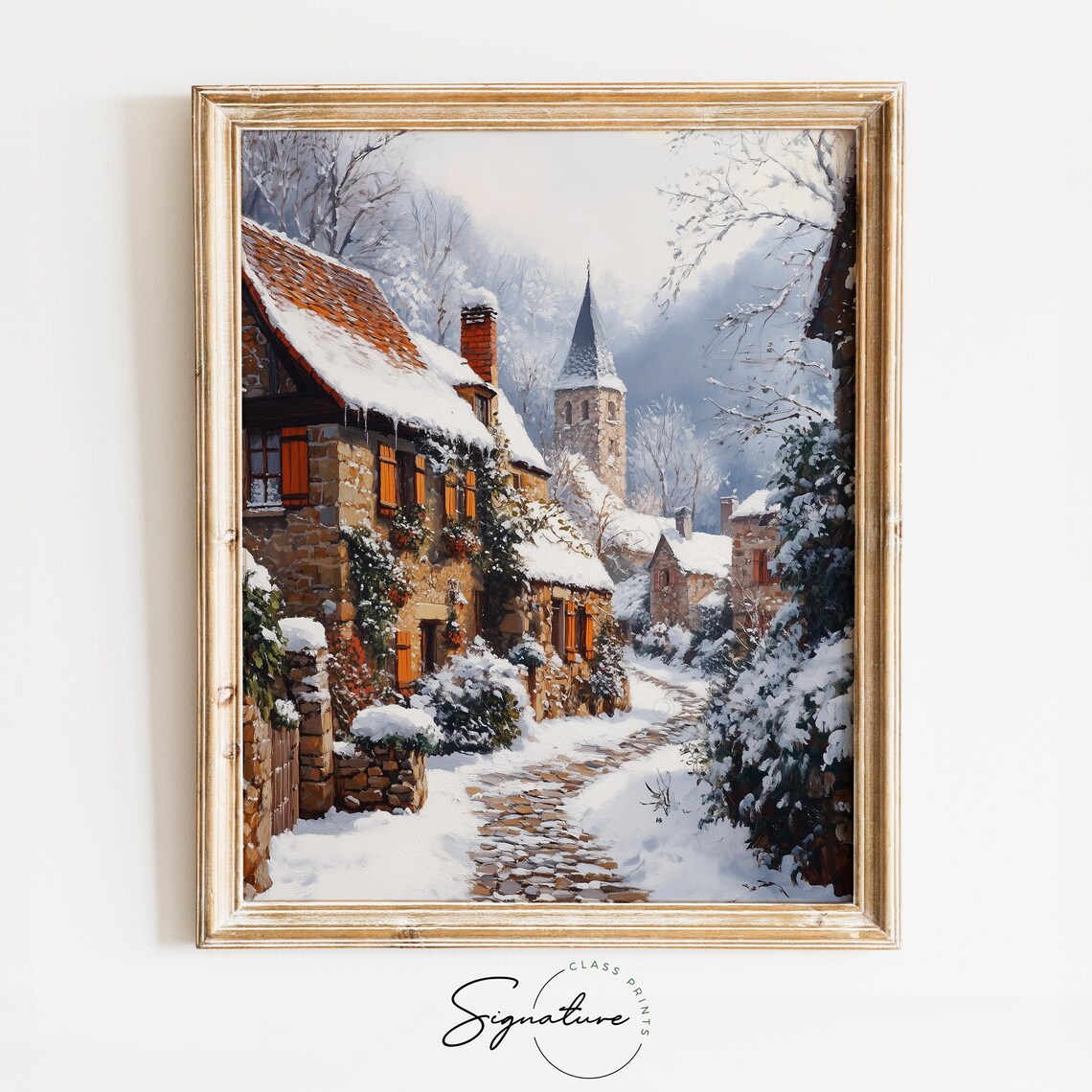 Snowy European Village Street with Church Spire Winter Poster