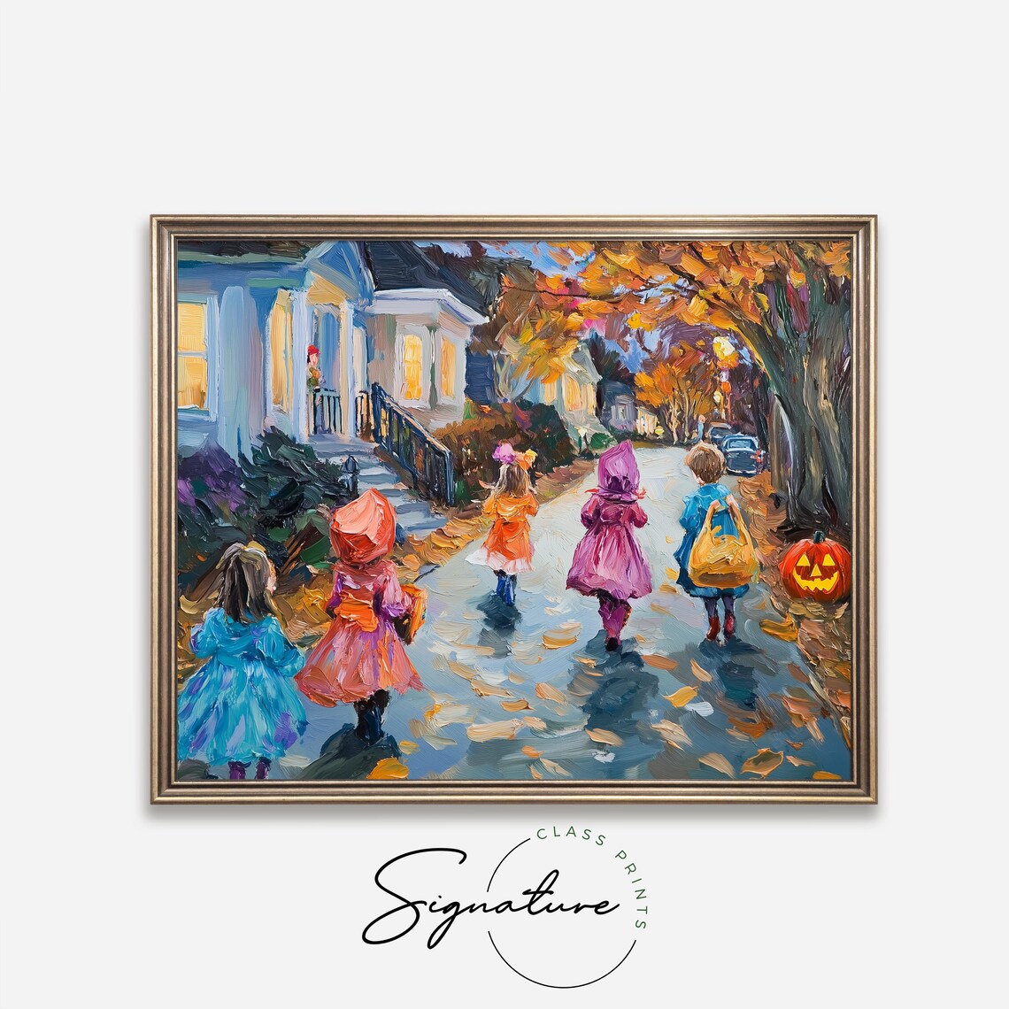 Halloween Trick Or Treat Painting Costumed Children Dusk Fall Poster - Image 4