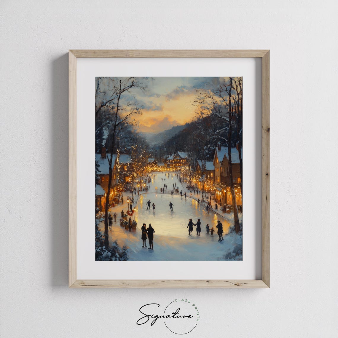 Sunset Ice Skaters on Frozen Pond with Village Lights and Tree Poster - Image 2