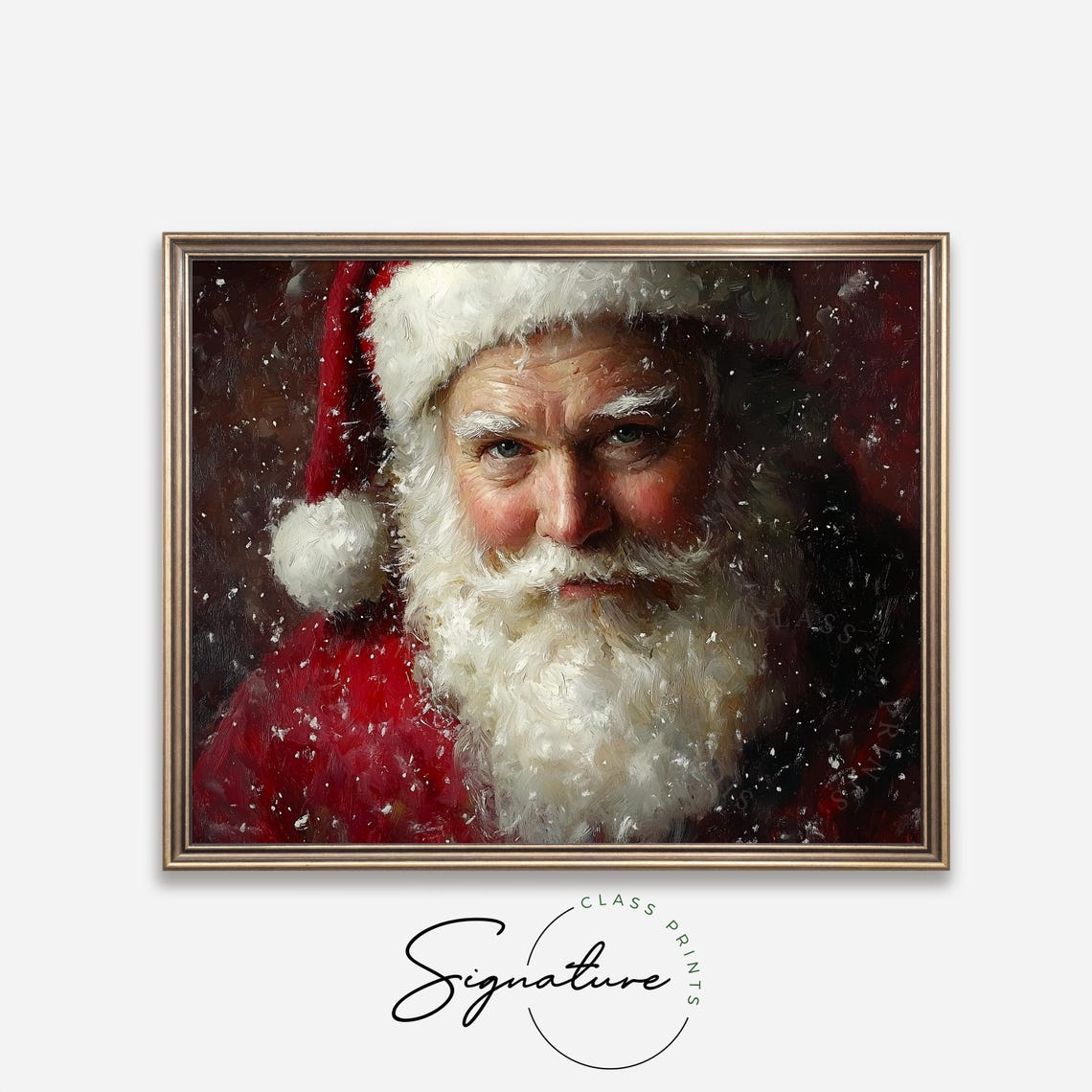 Santa Claus Close Up Portrait Falling Snow Red Background Poster - Image 4