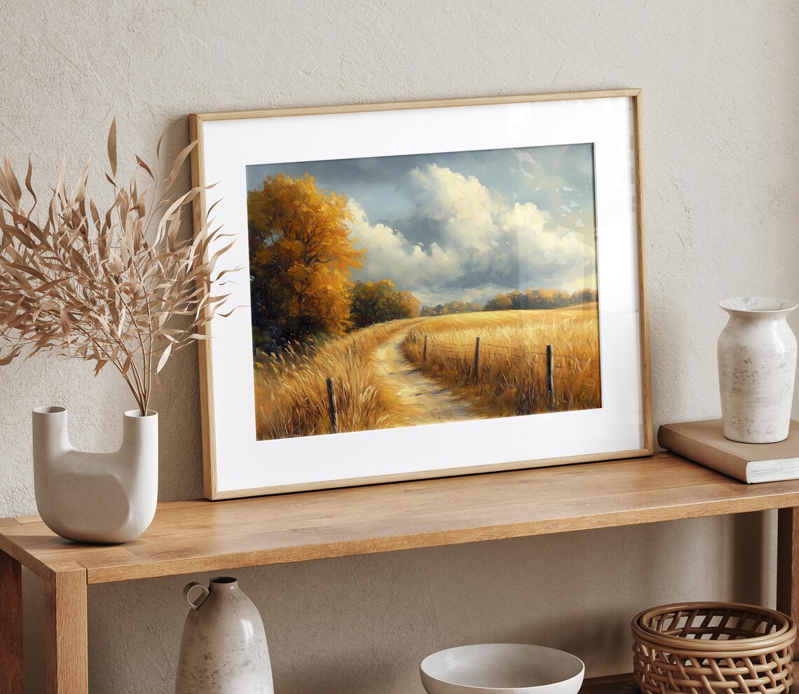 Country Lane Through Golden Wheat Field Rustic Autumn Landscape Poster - Image 4