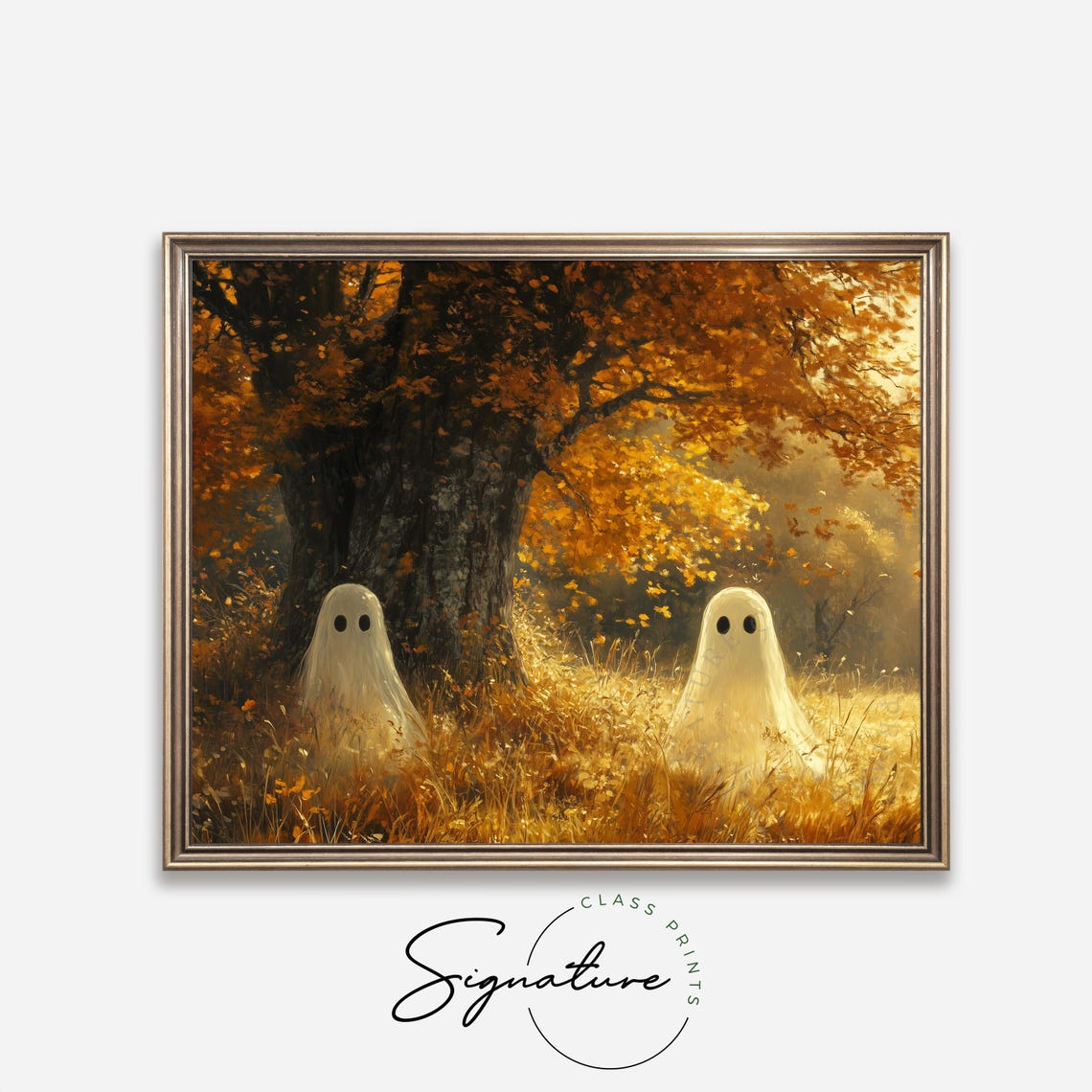 Two Playful Ghosts Floating in Golden Grasses Under an Oak Tree Poster - Image 4