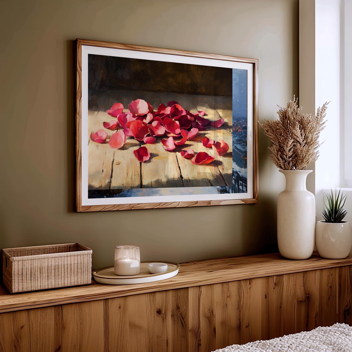 Scattered Rose Petals on Rustic Wood Romantic Oil Painting Art Print - Image 5