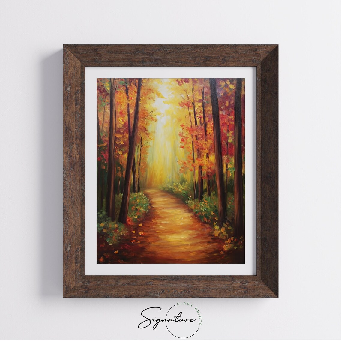Sunbeams Pouring Down an Autumn Forest Path in Golden Light Poster - Image 4