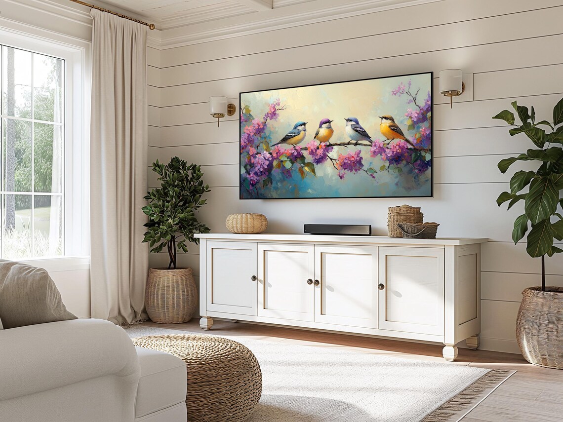 Colorful Warbler Birds Blooming Branch Spring Songbirds Purple Flowers Poster - Image 3