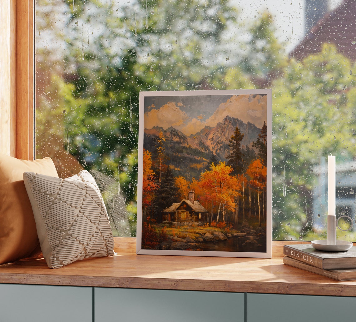 Cozy Log Cabin In Autumn Forest Beneath Rugged Mountain Peaks Poster - Image 2