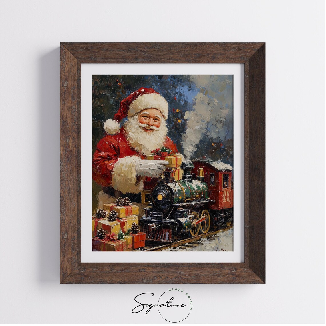 Santa Claus With a Vintage Steam Toy Train and Christmas Gifts Poster - Image 3