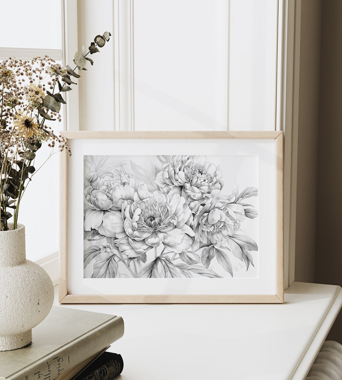 Peony Flowers Graphite Pencil Sketch Detailed Botanical Poster - Image 6