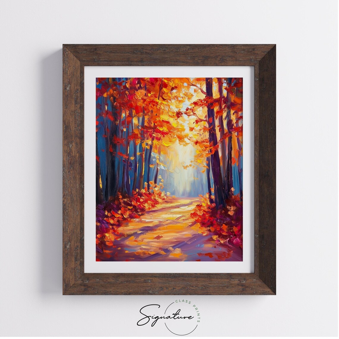 Blazing Red Autumn Forest Path with Light Breaking Through Trees Poster - Image 4