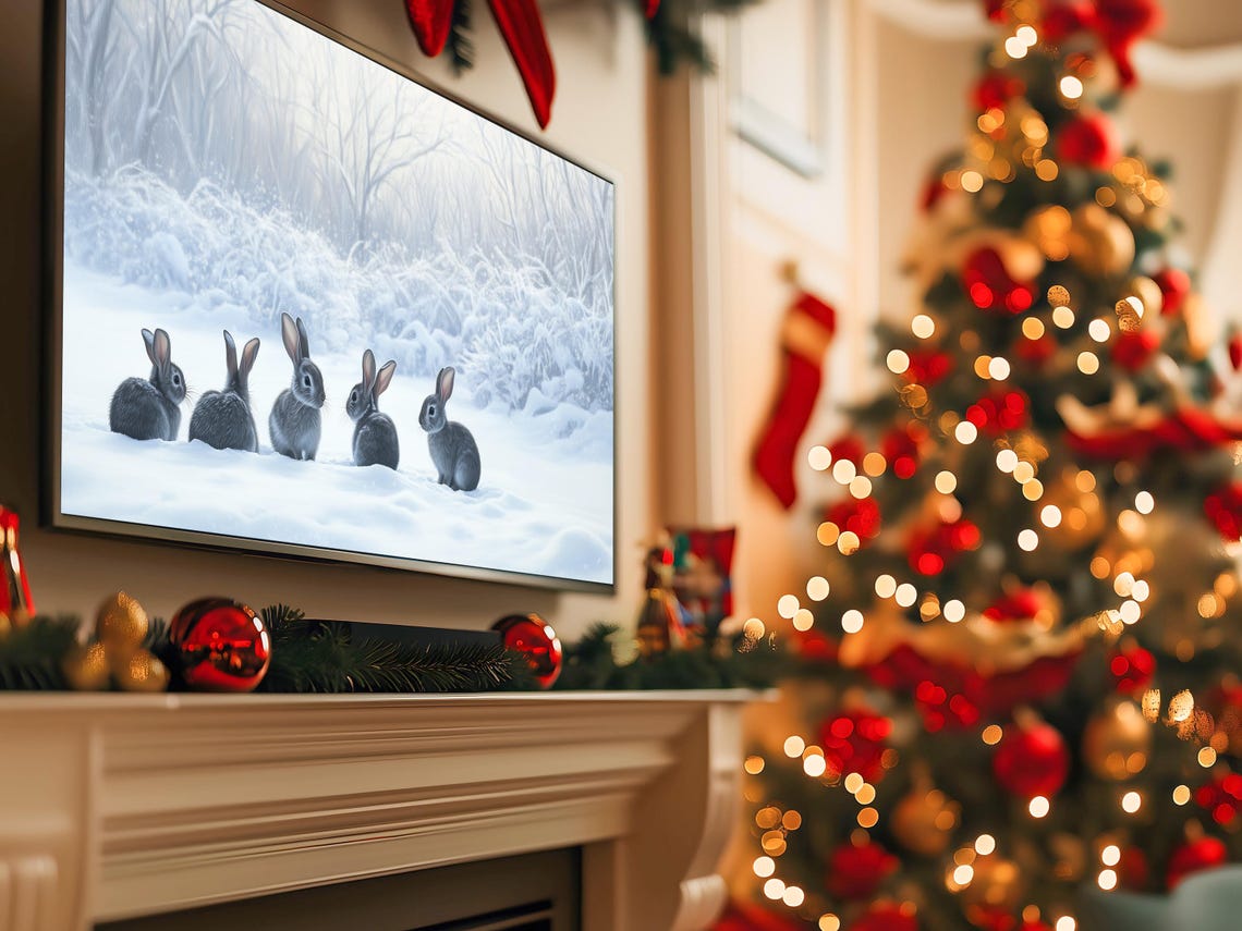 Five Grey Rabbits in Snowy Clearing Winter Wildlife Scene Poster - Image 5