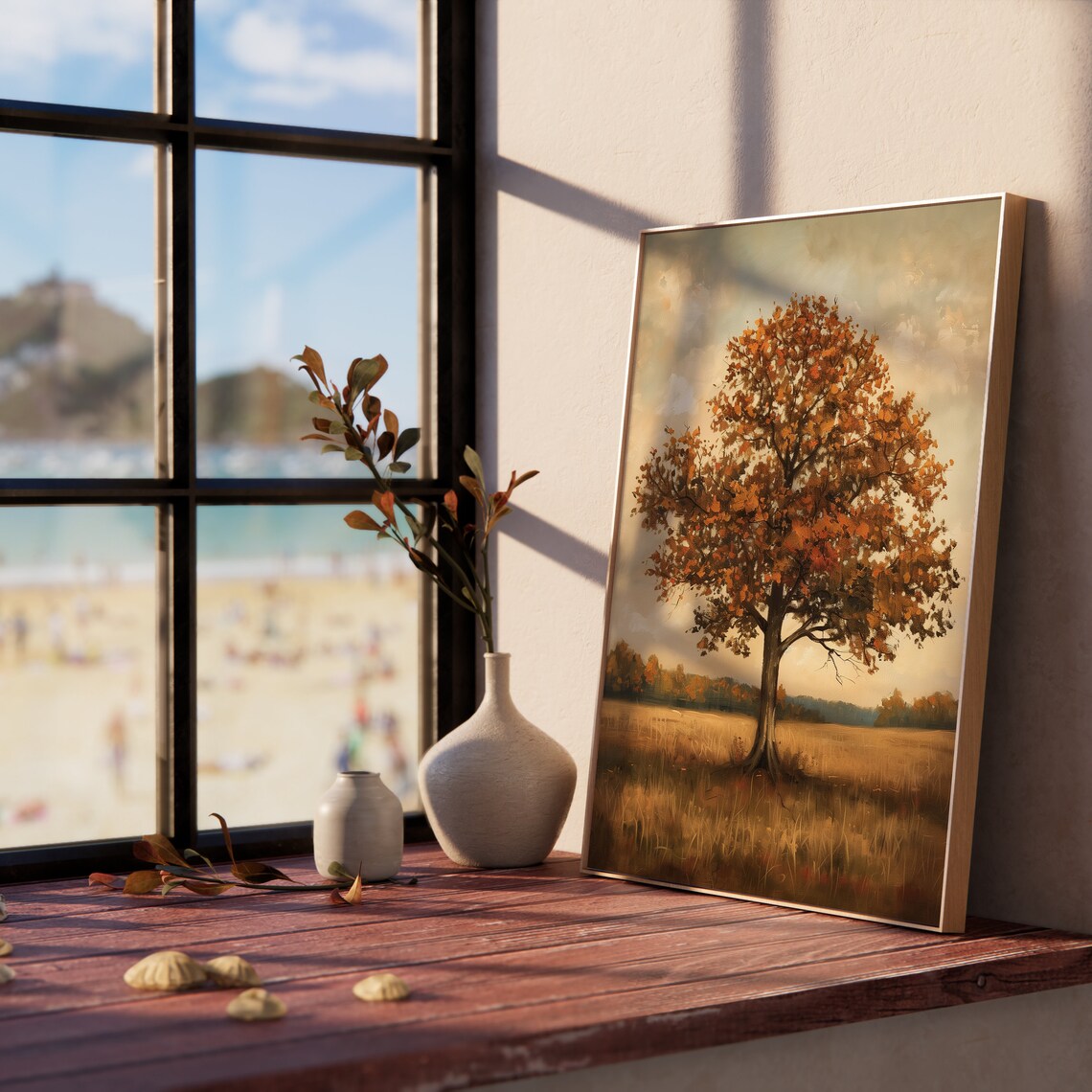 Lone Autumn Oak Tree with Orange Leaves in Golden Field Poster - Image 5