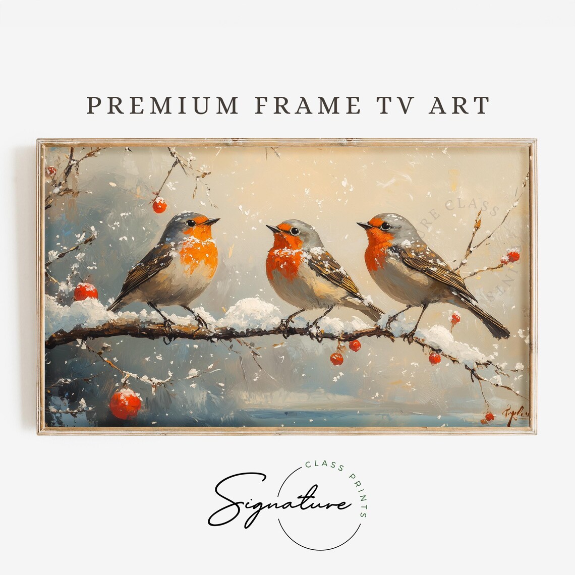 Robin Trio Snowy Branch Red Berries Winter Birds Gentle Snowfall Poster