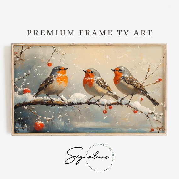 Robins On Snowy Branch Tv Art Winter Bird Art Frame Tv Art Cozy Nature Moody Painting Deep Colors Rustic Decor 3410