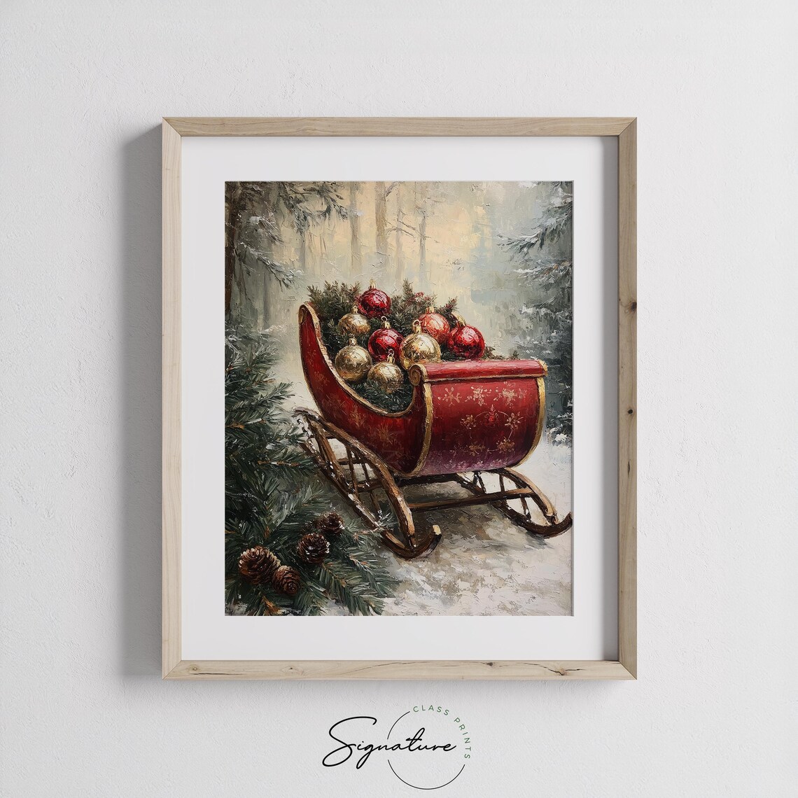 Red Vintage Sleigh Full of Ornaments Snowy Forest Christmas Print - Image 2