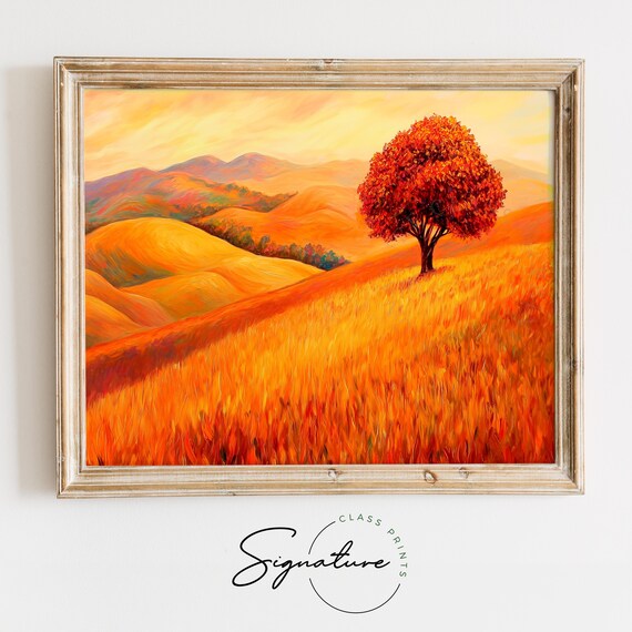 Golden Hillside Autumn Tree Landscape Painting Vibrant Fall Decor Poster