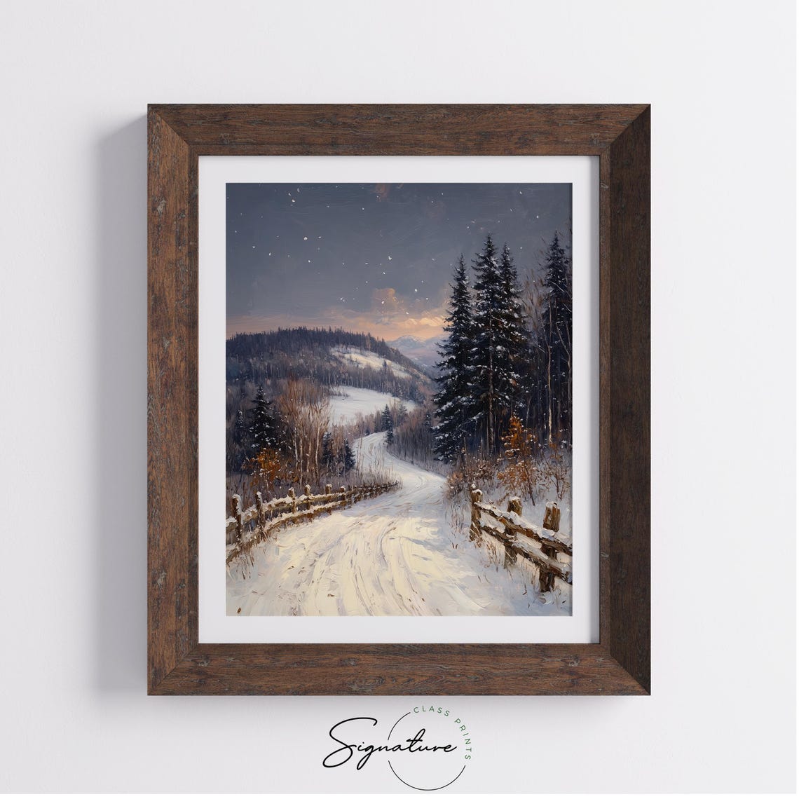 Snowy Scenic Mountain Road at Dusk under Pink Sunset Winter Poster - Image 3