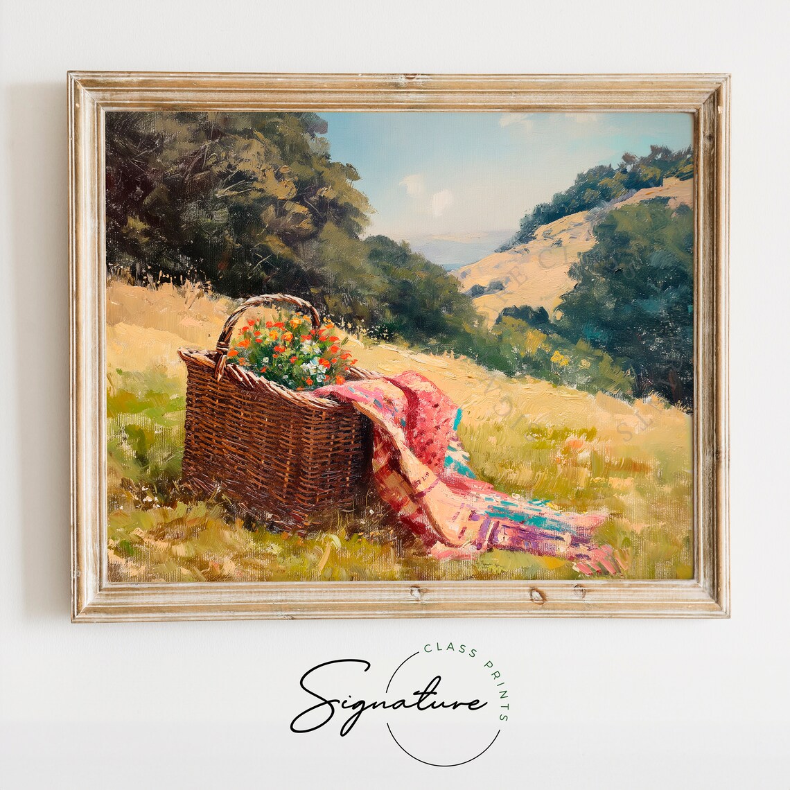 Rustic Picnic Basket Wildflowers Hillside Meadow Oil Painting Wall Art
