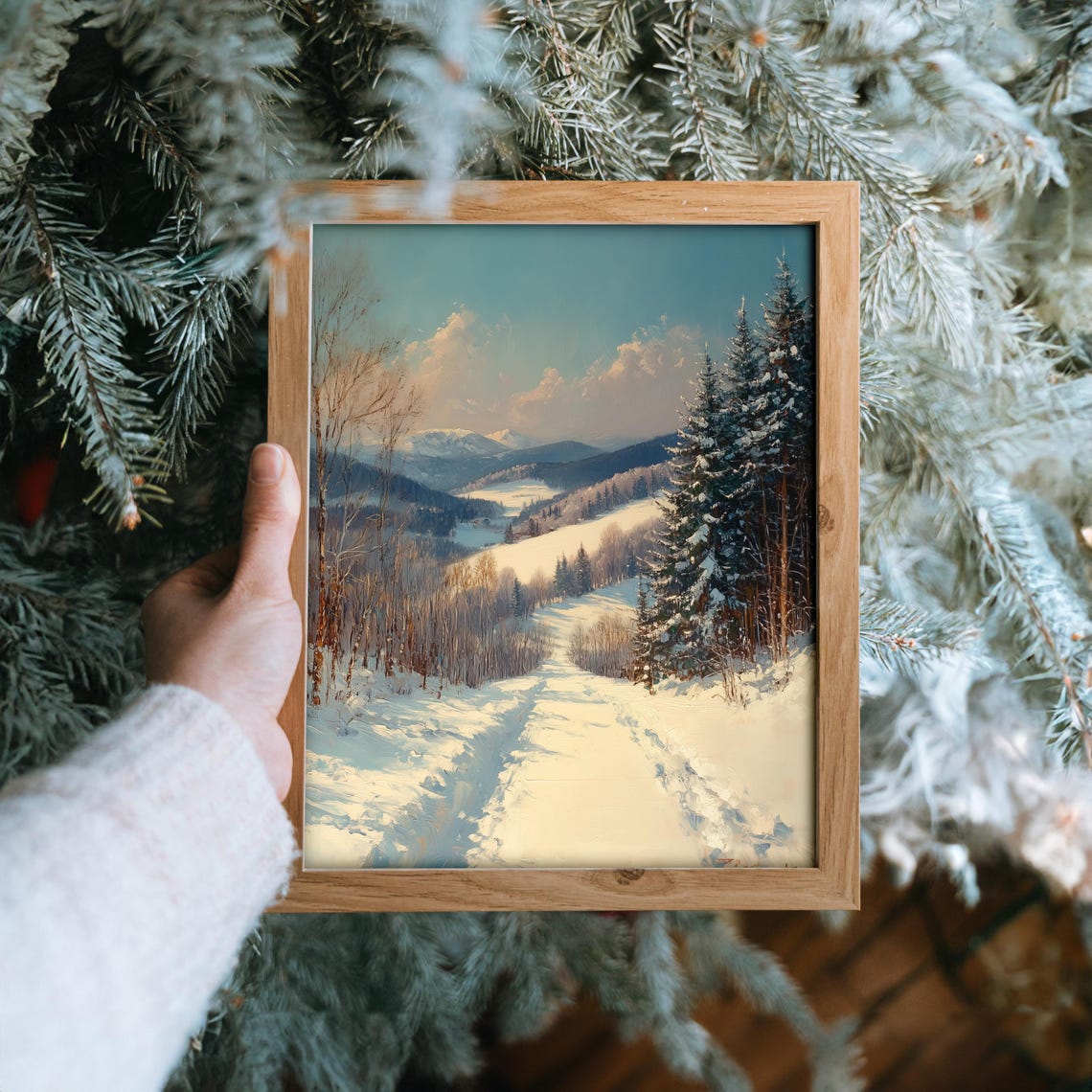 Snowy Evergreen Valley under Teal Sky with Winding Trail Poster - Image 6
