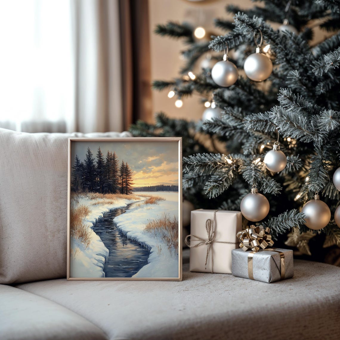 Frozen Stream Through a Snowy Meadow at Golden Sunset Poster - Image 5