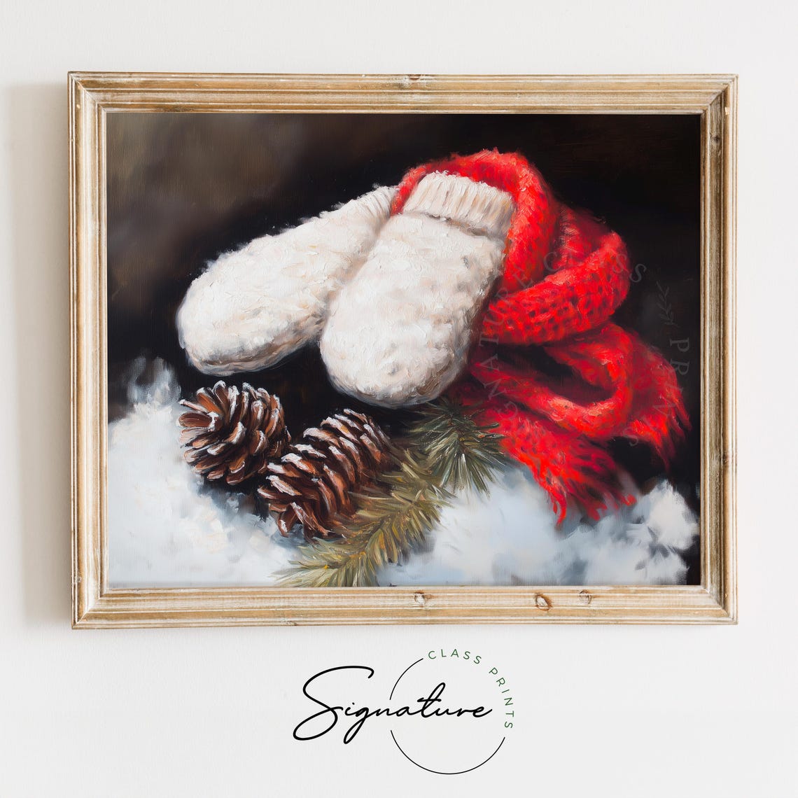 Cozy White Knit Mittens With Red Scarf And Pinecones Winter Poster