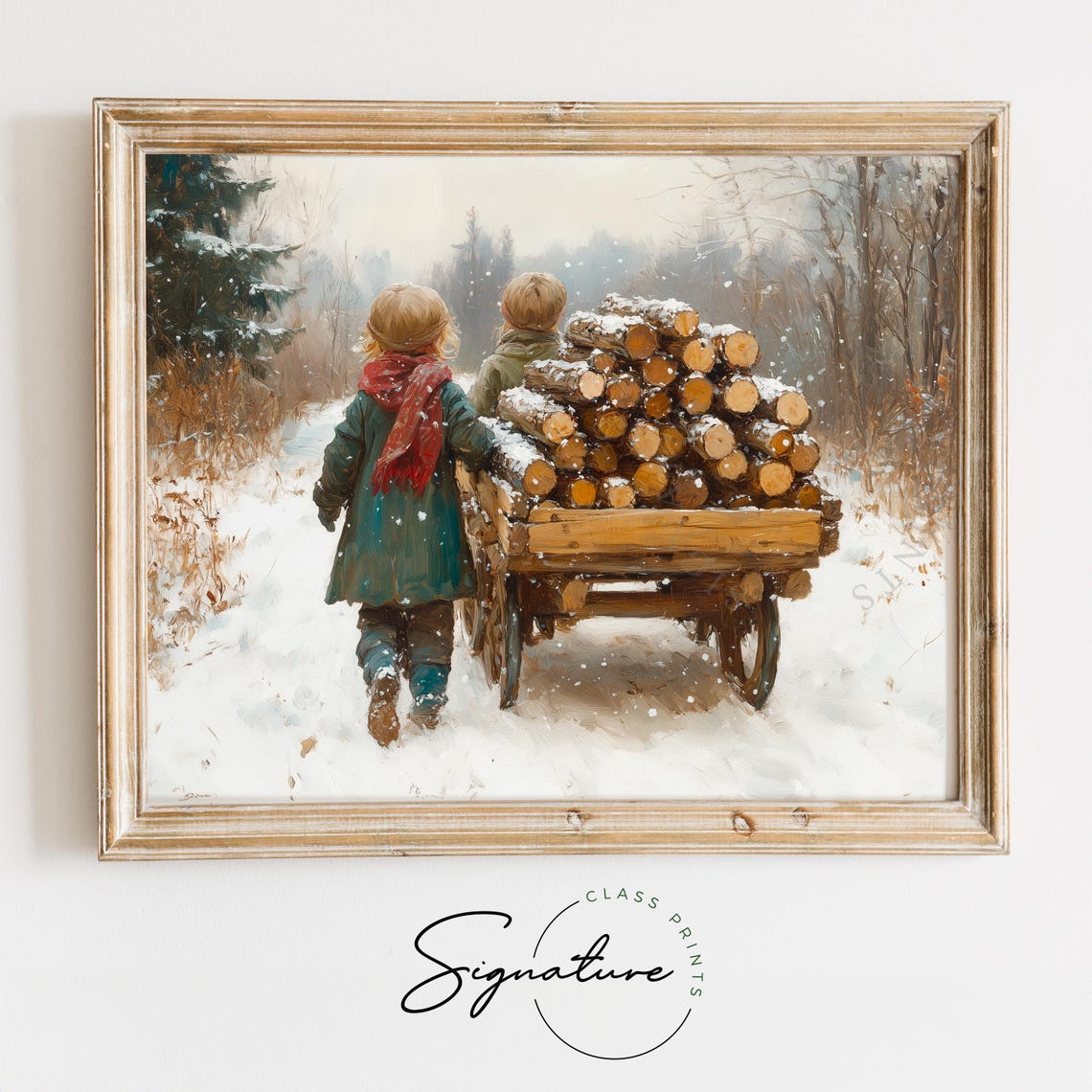 Two Children Pulling Firewood Wagon Through Falling Snow Poster